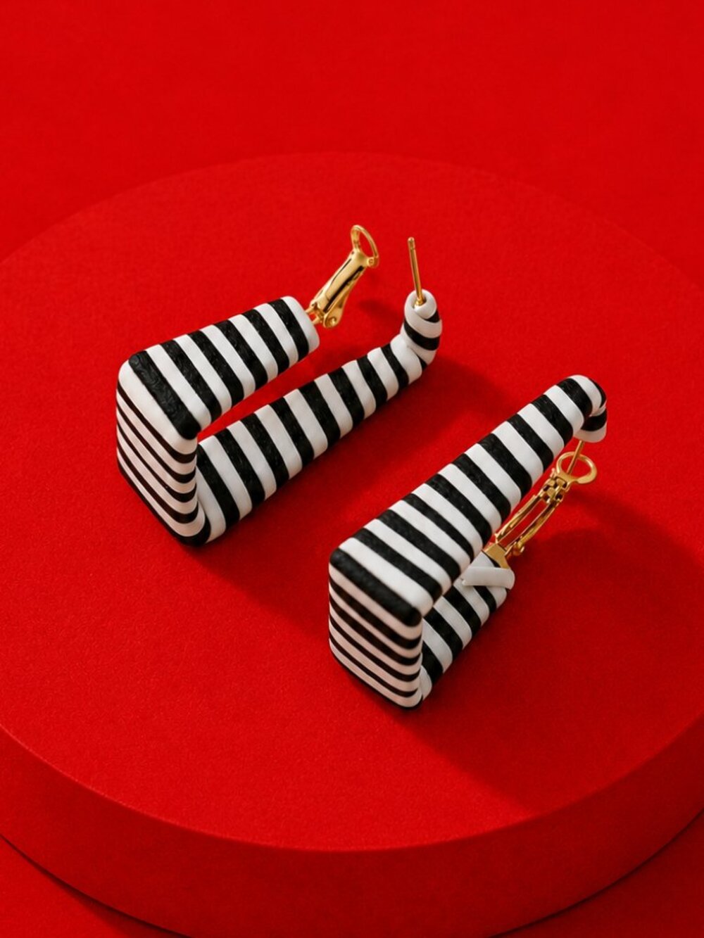 Black White Striped Geometric Earrings, Statement Mod Art Deco Retro, Pierced - Picture 4 of 5